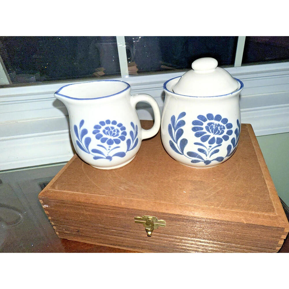 Vintage blue and beige Japanese Creamer and Sugar Bowl set by Country Heritage